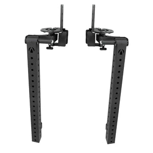 The JORDAN HELIX Revolving Jammer Arms Attachment (Pair) by Jordan is designed for supporting objects in dynamic strength training. Featuring black adjustable metal brackets with holes, pivot joints, and a logo near the top, they are upright and ready for power movements.