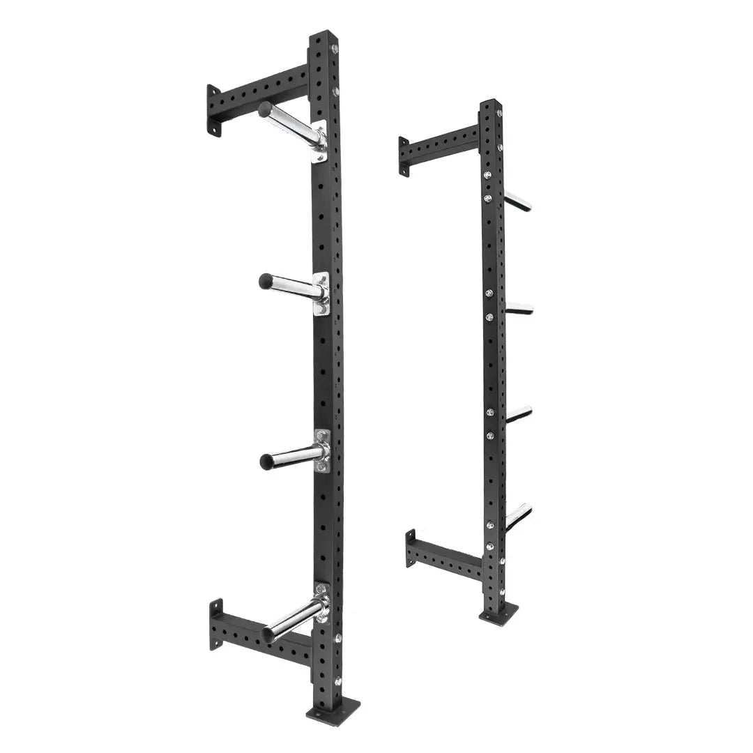 The JORDAN HELIX Weight Storage Horns Attachments by Jordan, designed for fixed power racks, feature a pair of black metal wall-mounted racks with multiple peg arms. They offer durable construction and adjustable height options for efficient gym weight organization. White background.
