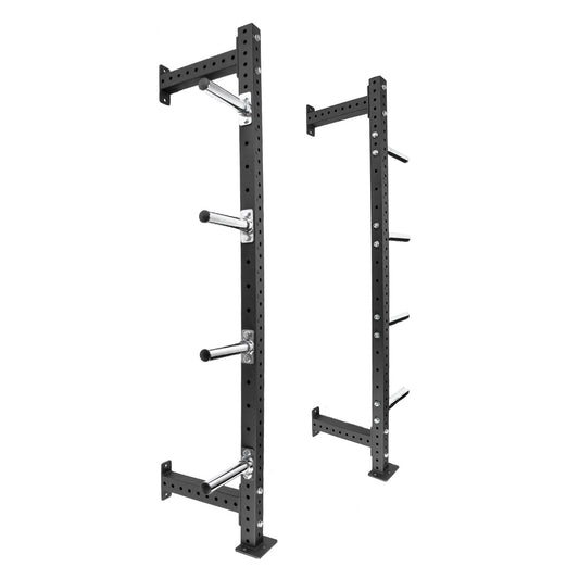 The JORDAN HELIX Weight Storage Horns Attachments by Jordan, designed for fixed power racks, feature a pair of black metal wall-mounted racks with multiple peg arms. They offer durable construction and adjustable height options for efficient gym weight organization. White background.