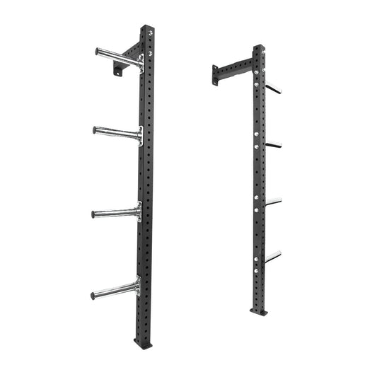 The JORDAN HELIX Weight Storage Horns Attachments by Jordan are black metal wall-mounted racks with cylindrical peg holders that protrude horizontally. Each has four evenly spaced pegs, adjustable mounting holes, and is perfect for gym storage or Power Rack setups to organize your space.