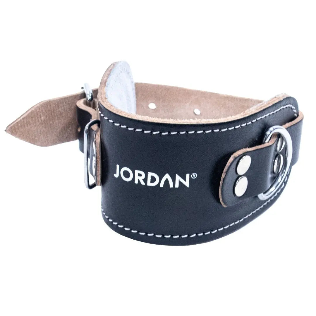 The JORDAN Leather Ankle Straps by Jordan feature a black exterior with JORDAN engraved, silver hardware with two rings, edge stitching, and a light brown leather interior offering an adjustable fit for comfort.