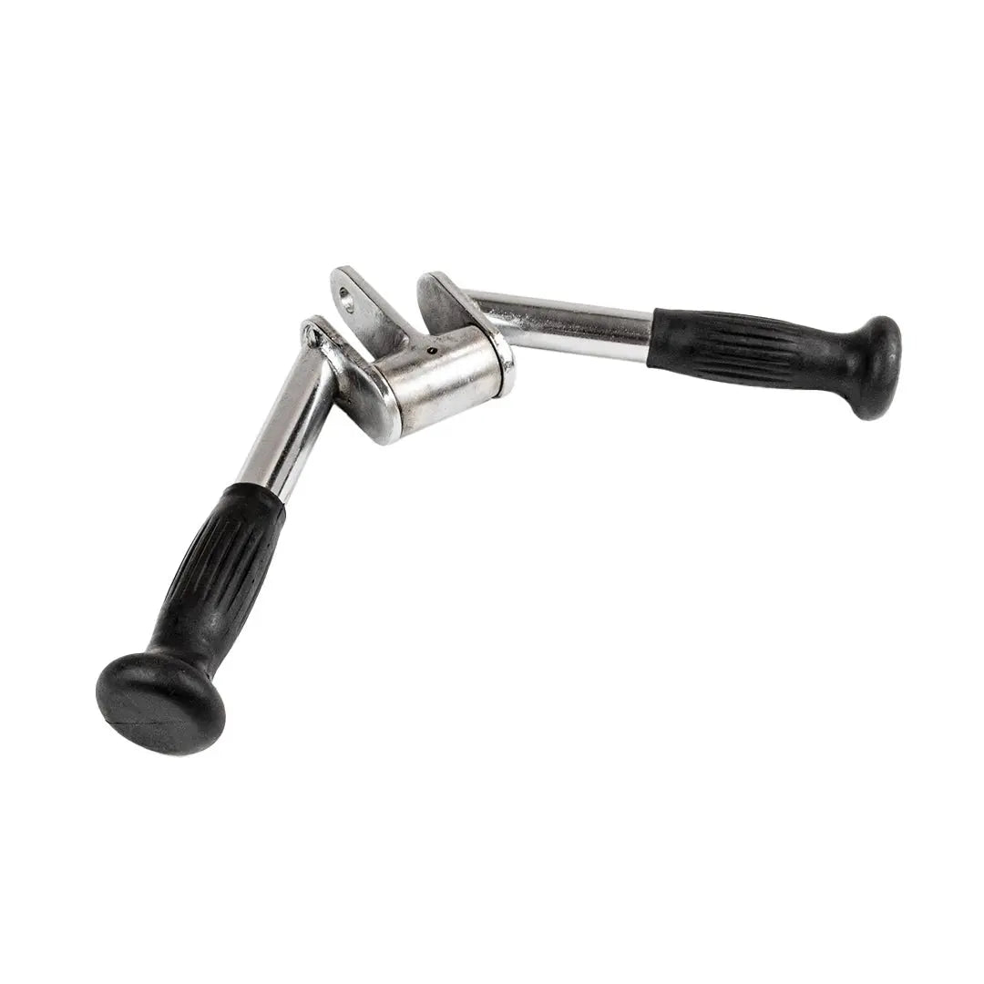 The JORDAN Pivoting Pressdown Bar by Jordan features dual black ergonomic urethane handles against a white background. The ribbed design ensures a secure and comfortable grip.