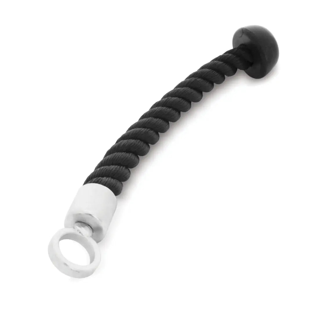 The JORDAN Single Rope Attachment by Jordan is an ideal home gym accessory. It has a black twisted rope design with a large rubber stopper at one end and a metal ring for easy cable attachment to workout machines.