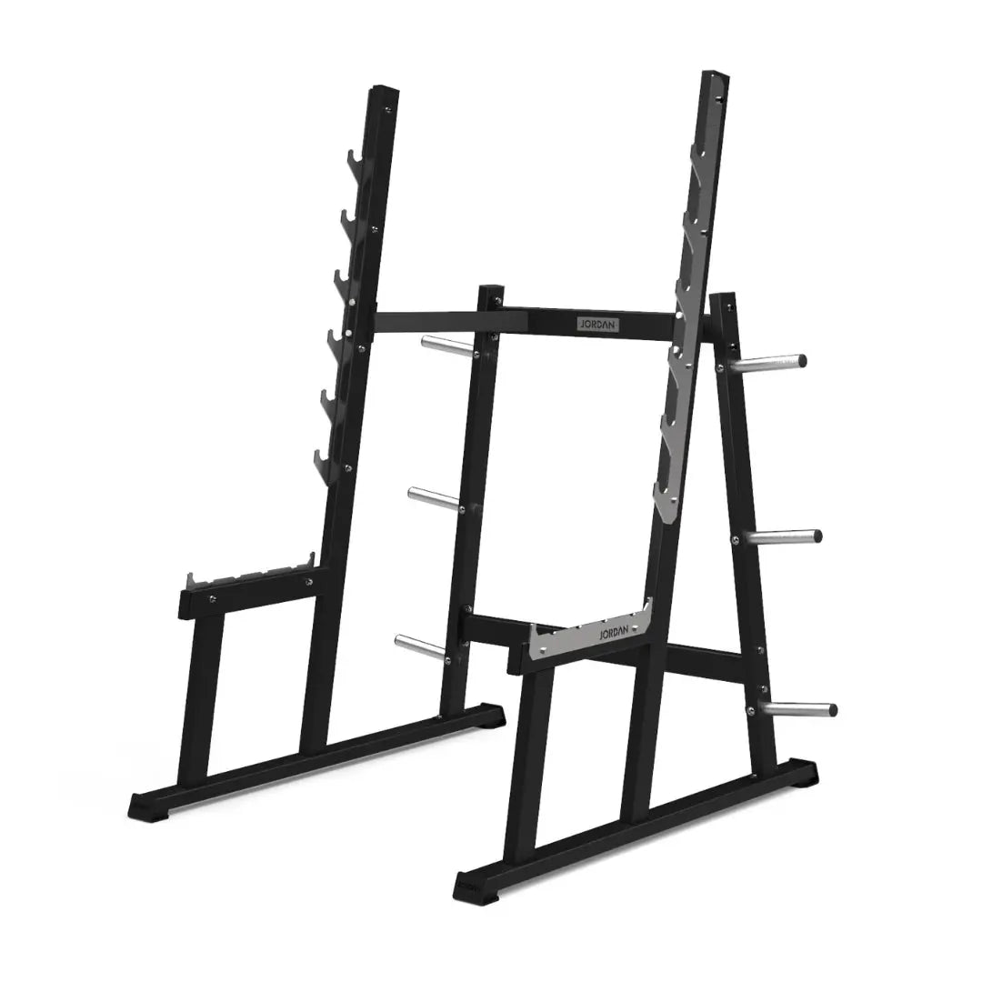 The JORDAN Squat Rack by Jordan is a sturdy, black metal structure for strength training. It features angled barbell holders and weight plate storage pegs on each side, perfect for both home and professional gym settings.