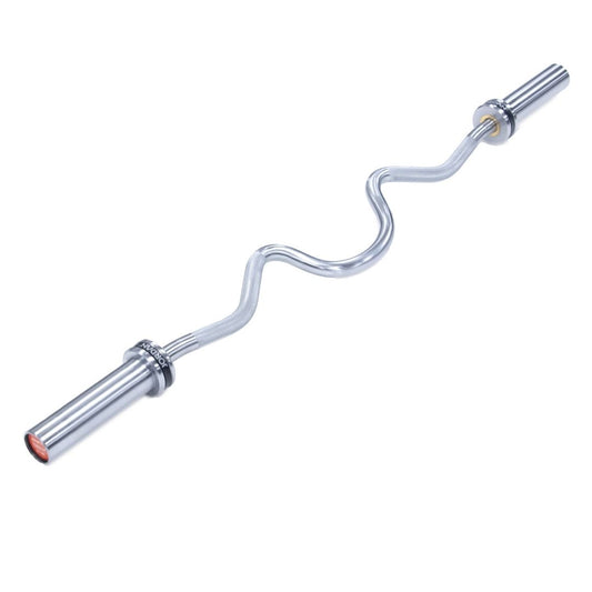The JORDAN Steel Series Super Curl Bar With Bearings by Jordan is perfect for enhancing upper-body strength. It has smooth grips near the central bends, cylindrical ends for weight attachment, and a shiny metallic surface, ideal for targeting biceps and triceps in weightlifting routines.