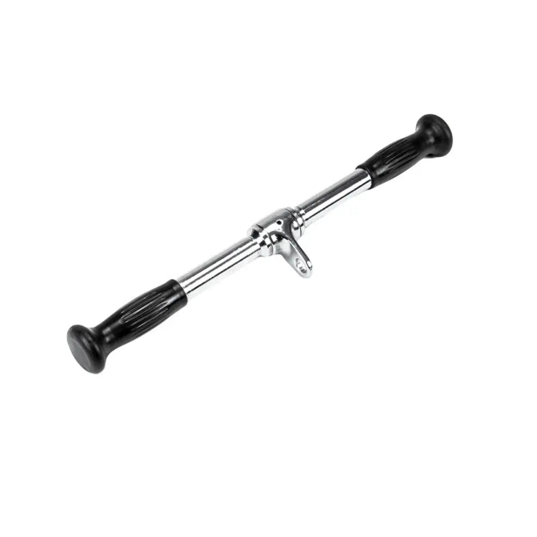 The JORDAN Straight Cable Bar by Jordan is a chrome-plated metal bar with black rubber grips and a central attachment point, perfect for upper-body workouts on a cable machine and ideal for enhancing strength training exercises.