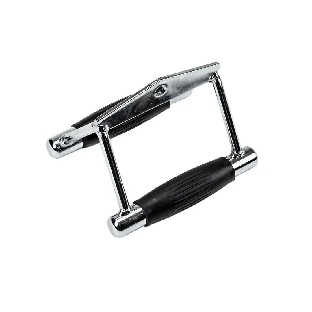 The JORDAN V-Handle (urethane) by Jordan features chrome plating and black rubber grips, expertly crafted for use with cable machines to enhance tricep isolation workouts.