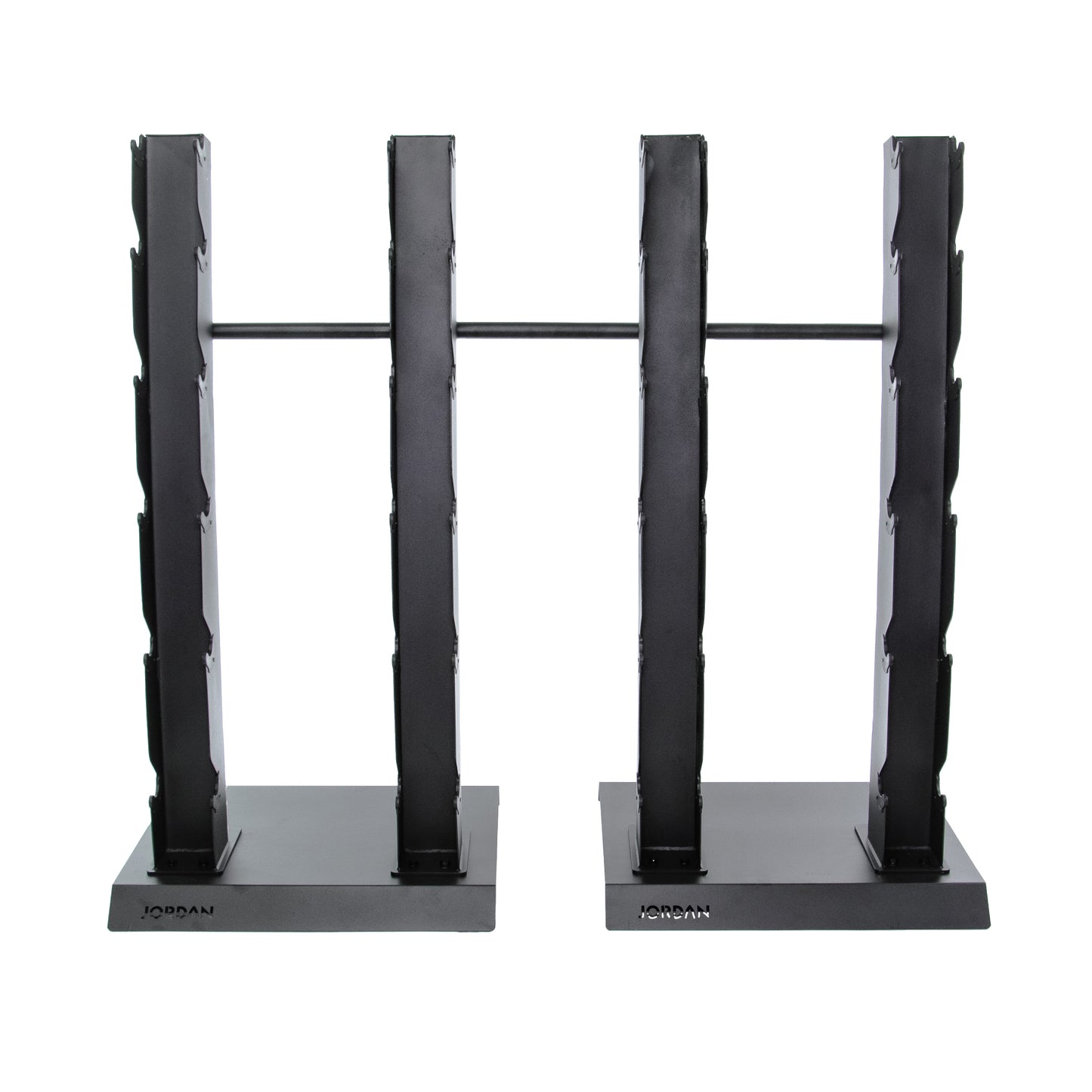 A black, free-standing dumbbell rack with a compact vertical design featuring three columns and multiple slots for weights. Its durable construction ensures stability, and the base displays Jordan branding. Product: JORDAN Vertical Dumbbell Storage Racks (S-Series).