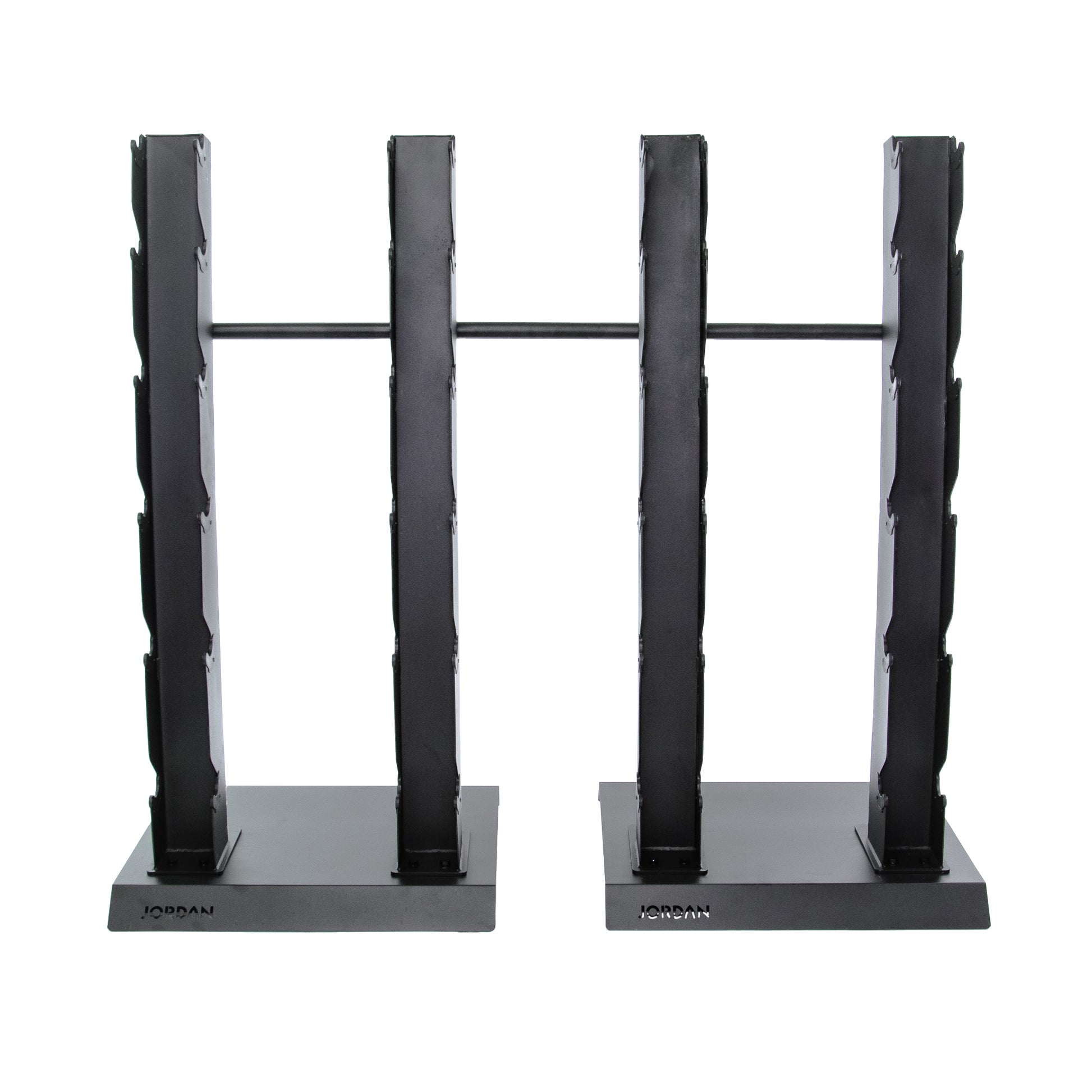 A black, free-standing dumbbell rack with a compact vertical design featuring three columns and multiple slots for weights. Its durable construction ensures stability, and the base displays Jordan branding. Product: JORDAN Vertical Dumbbell Storage Racks (S-Series).