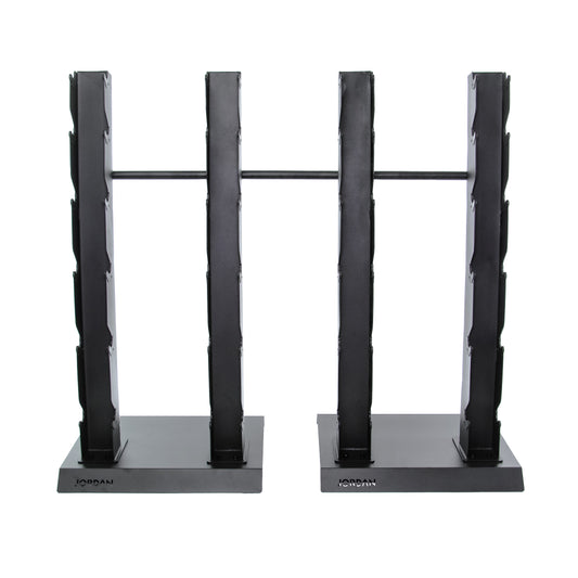 A black, free-standing dumbbell rack with a compact vertical design featuring three columns and multiple slots for weights. Its durable construction ensures stability, and the base displays Jordan branding. Product: JORDAN Vertical Dumbbell Storage Racks (S-Series).
