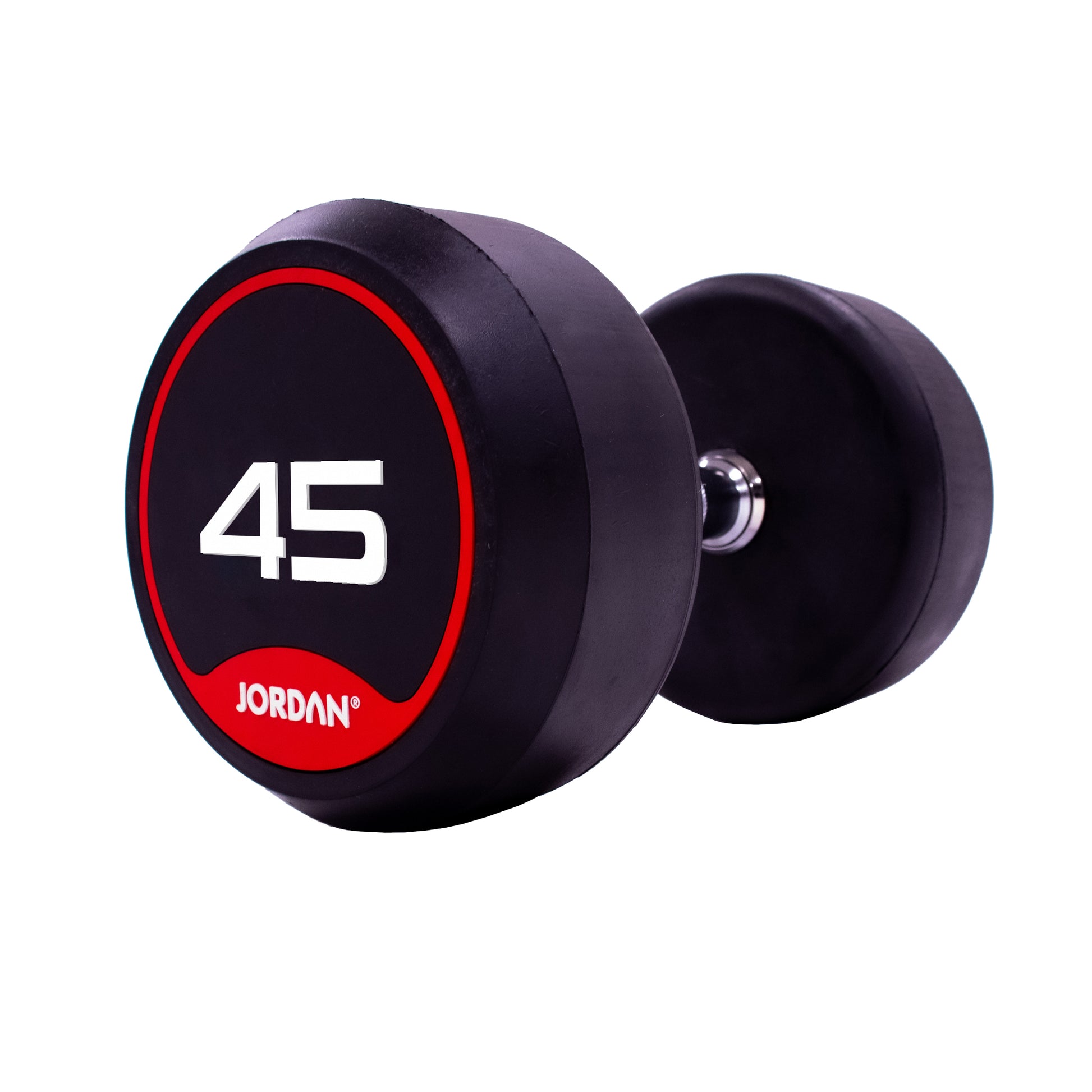 A close-up of a JORDAN dumbbell, perfect for home strength-training. It has black rubber ends with red accents, a silver textured grip handle, and the number 1 in a circle. The brand name Jordan stands out against the white background. These weigh from 1kg to 50kg.