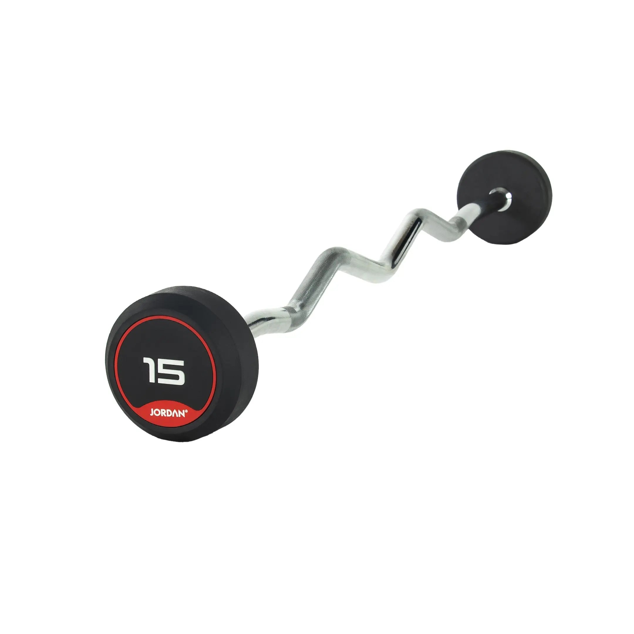 The JORDAN Barbells Curl Bar, a silver design with wavy ergonomic grip for secure handling, features black and red circular ends and displays 10 on one end. Part of the Jordan Fixed Rubber Curl Barbells line, this barbell is perfect for enhancing upper-body strength against a white background.