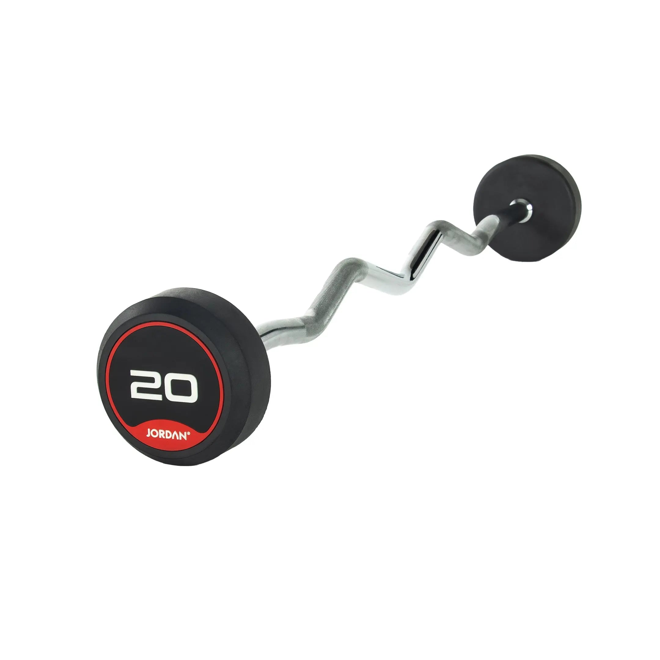 The JORDAN Barbells Curl Bar, a silver design with wavy ergonomic grip for secure handling, features black and red circular ends and displays 10 on one end. Part of the Jordan Fixed Rubber Curl Barbells line, this barbell is perfect for enhancing upper-body strength against a white background.