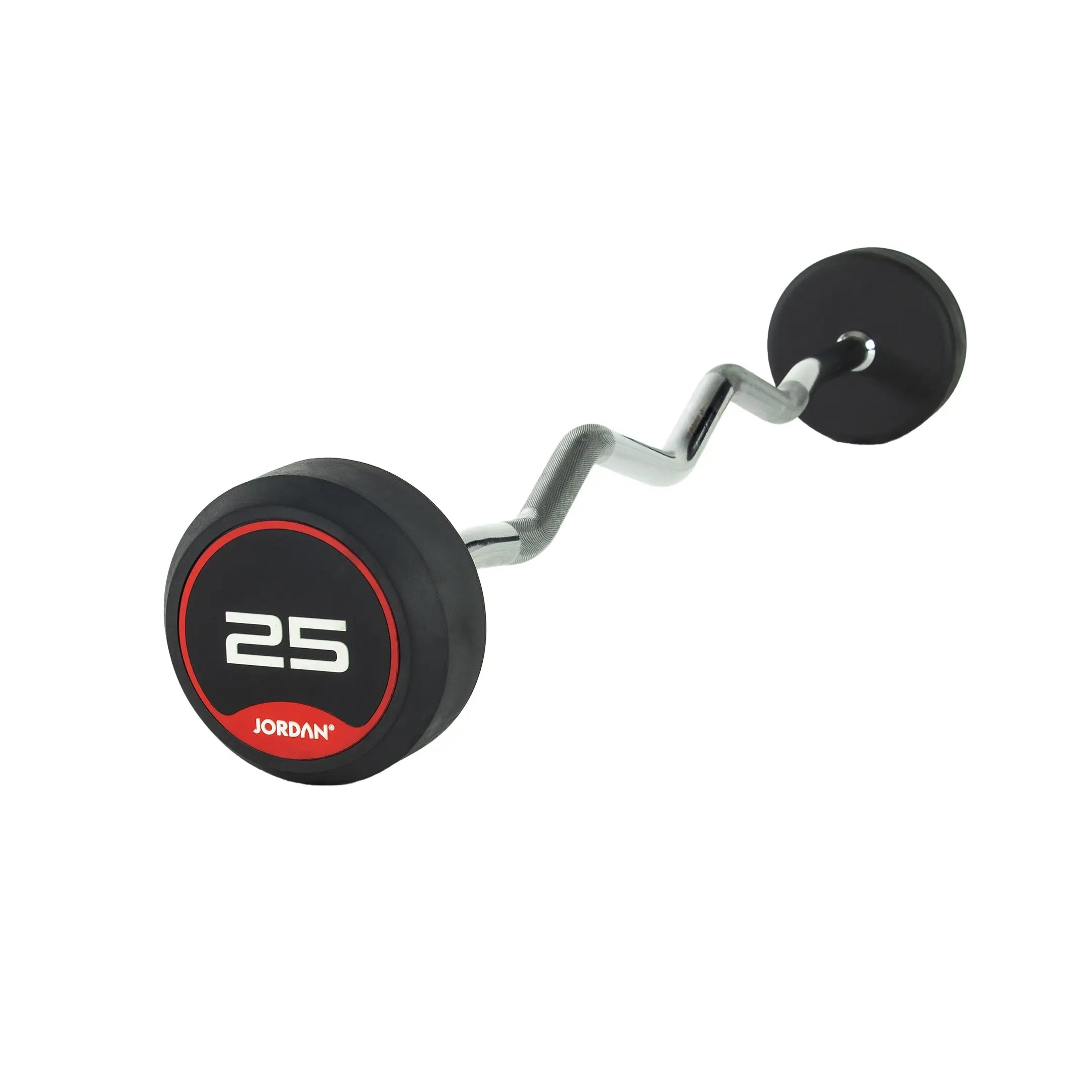 The JORDAN Barbells Curl Bar, a silver design with wavy ergonomic grip for secure handling, features black and red circular ends and displays 10 on one end. Part of the Jordan Fixed Rubber Curl Barbells line, this barbell is perfect for enhancing upper-body strength against a white background.