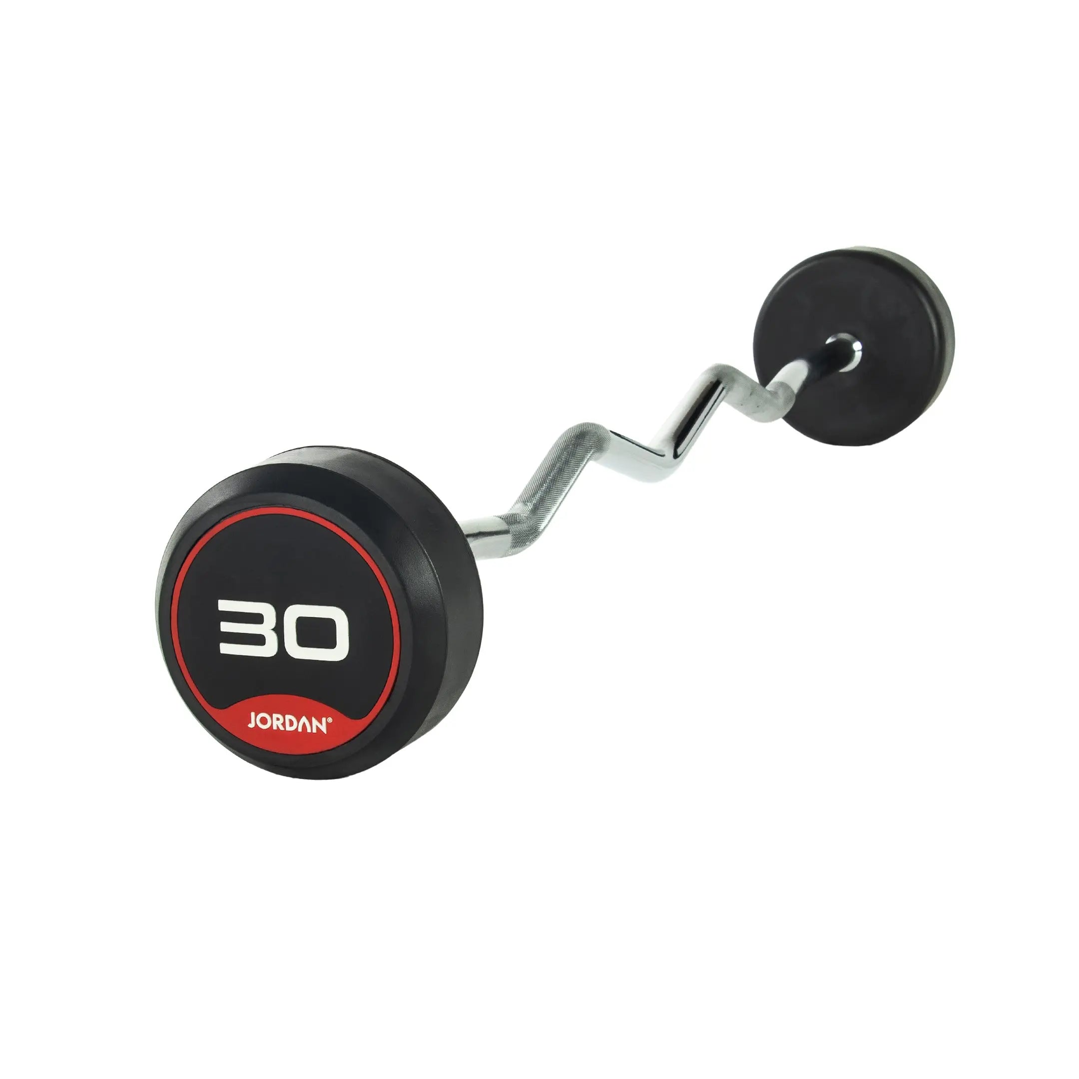 The JORDAN Barbells Curl Bar, a silver design with wavy ergonomic grip for secure handling, features black and red circular ends and displays 10 on one end. Part of the Jordan Fixed Rubber Curl Barbells line, this barbell is perfect for enhancing upper-body strength against a white background.