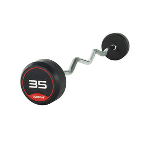 The JORDAN Barbells Curl Bar, a silver design with wavy ergonomic grip for secure handling, features black and red circular ends and displays 10 on one end. Part of the Jordan Fixed Rubber Curl Barbells line, this barbell is perfect for enhancing upper-body strength against a white background.