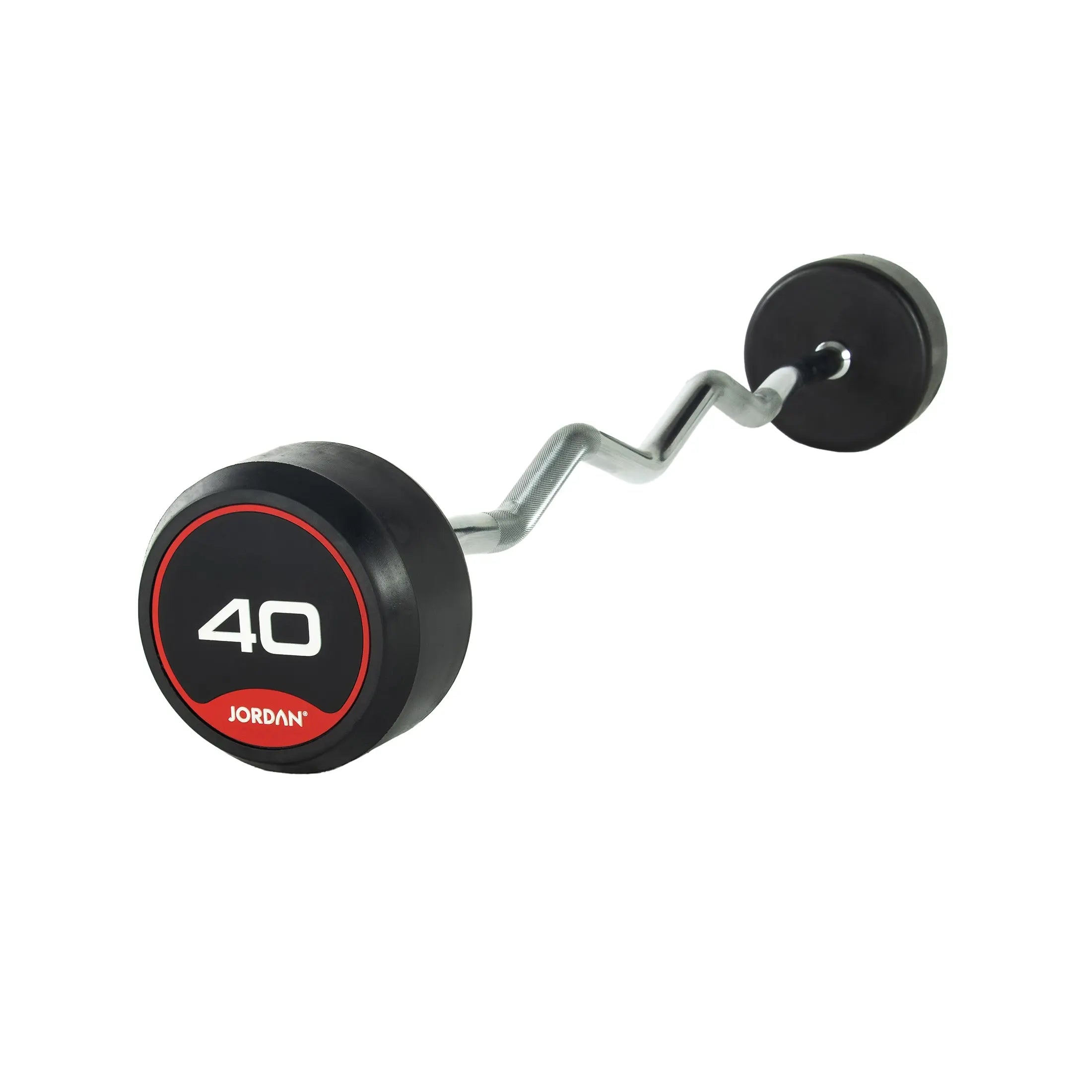 The JORDAN Barbells Curl Bar, a silver design with wavy ergonomic grip for secure handling, features black and red circular ends and displays 10 on one end. Part of the Jordan Fixed Rubber Curl Barbells line, this barbell is perfect for enhancing upper-body strength against a white background.