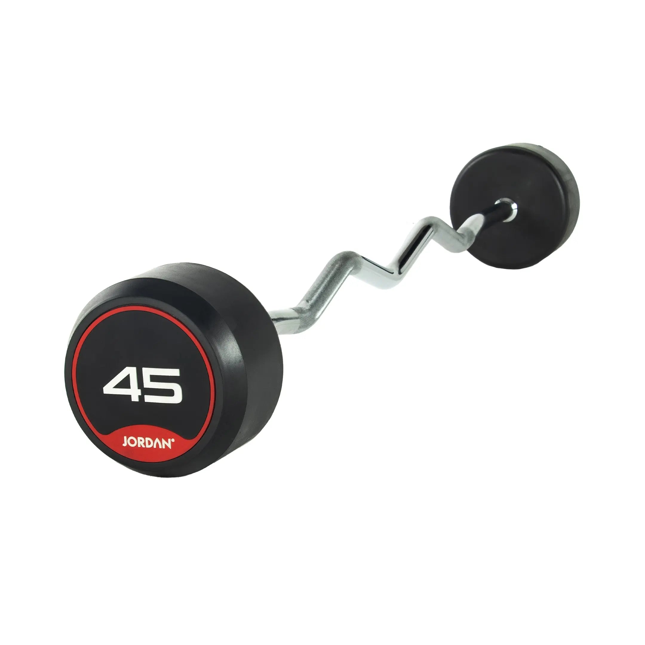 The JORDAN Barbells Curl Bar, a silver design with wavy ergonomic grip for secure handling, features black and red circular ends and displays 10 on one end. Part of the Jordan Fixed Rubber Curl Barbells line, this barbell is perfect for enhancing upper-body strength against a white background.