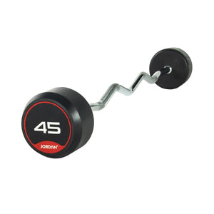 The JORDAN Barbells Curl Bar, a silver design with wavy ergonomic grip for secure handling, features black and red circular ends and displays 10 on one end. Part of the Jordan Fixed Rubber Curl Barbells line, this barbell is perfect for enhancing upper-body strength against a white background.