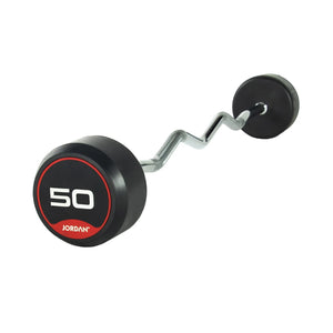 The JORDAN Barbells Curl Bar, a silver design with wavy ergonomic grip for secure handling, features black and red circular ends and displays 10 on one end. Part of the Jordan Fixed Rubber Curl Barbells line, this barbell is perfect for enhancing upper-body strength against a white background.