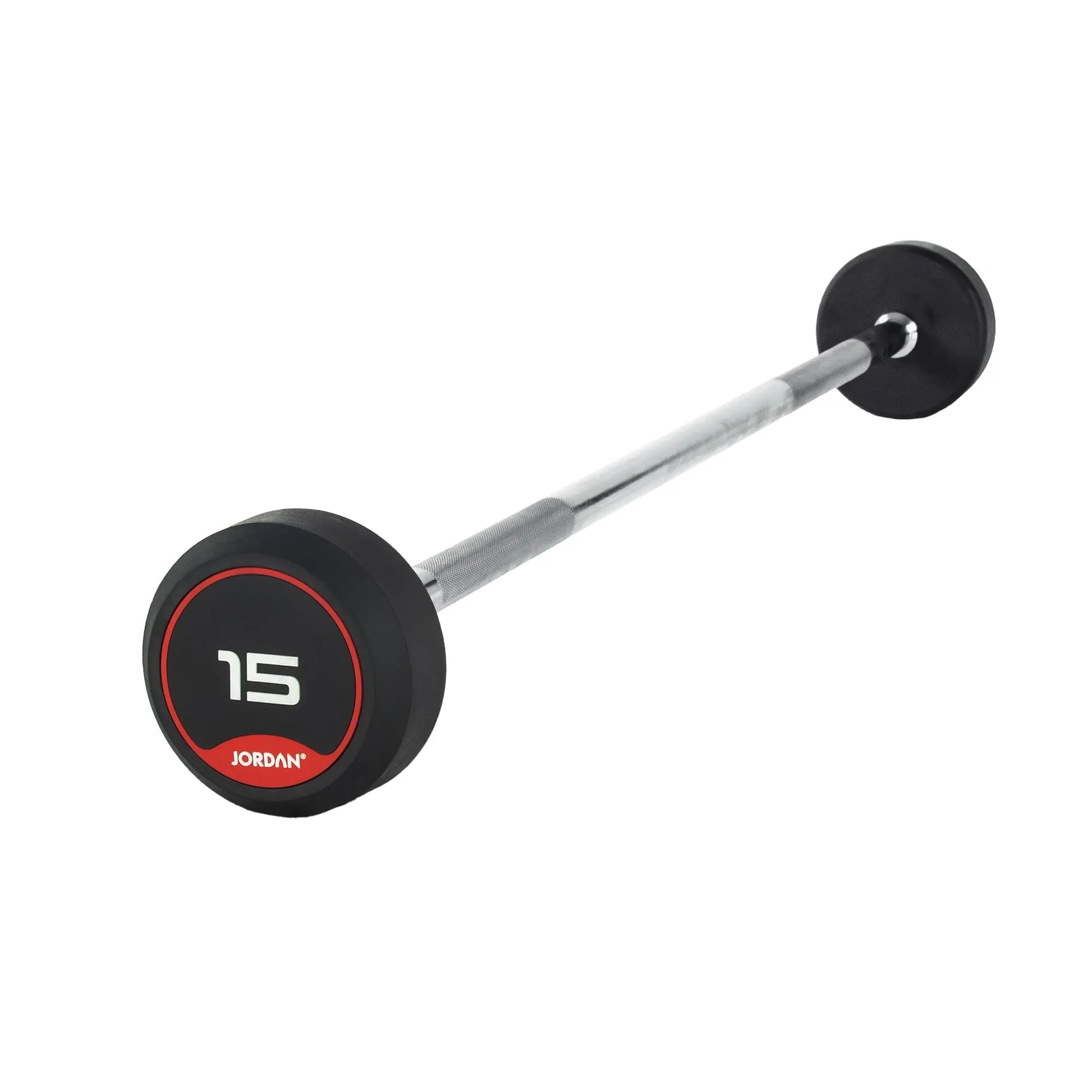 The Jordan Fixed Rubber Barbell has round rubber ends, labeled 10 with Jordan underneath in a black and red design. Ideal for barbell racks, it adds style and utility to any workout space.