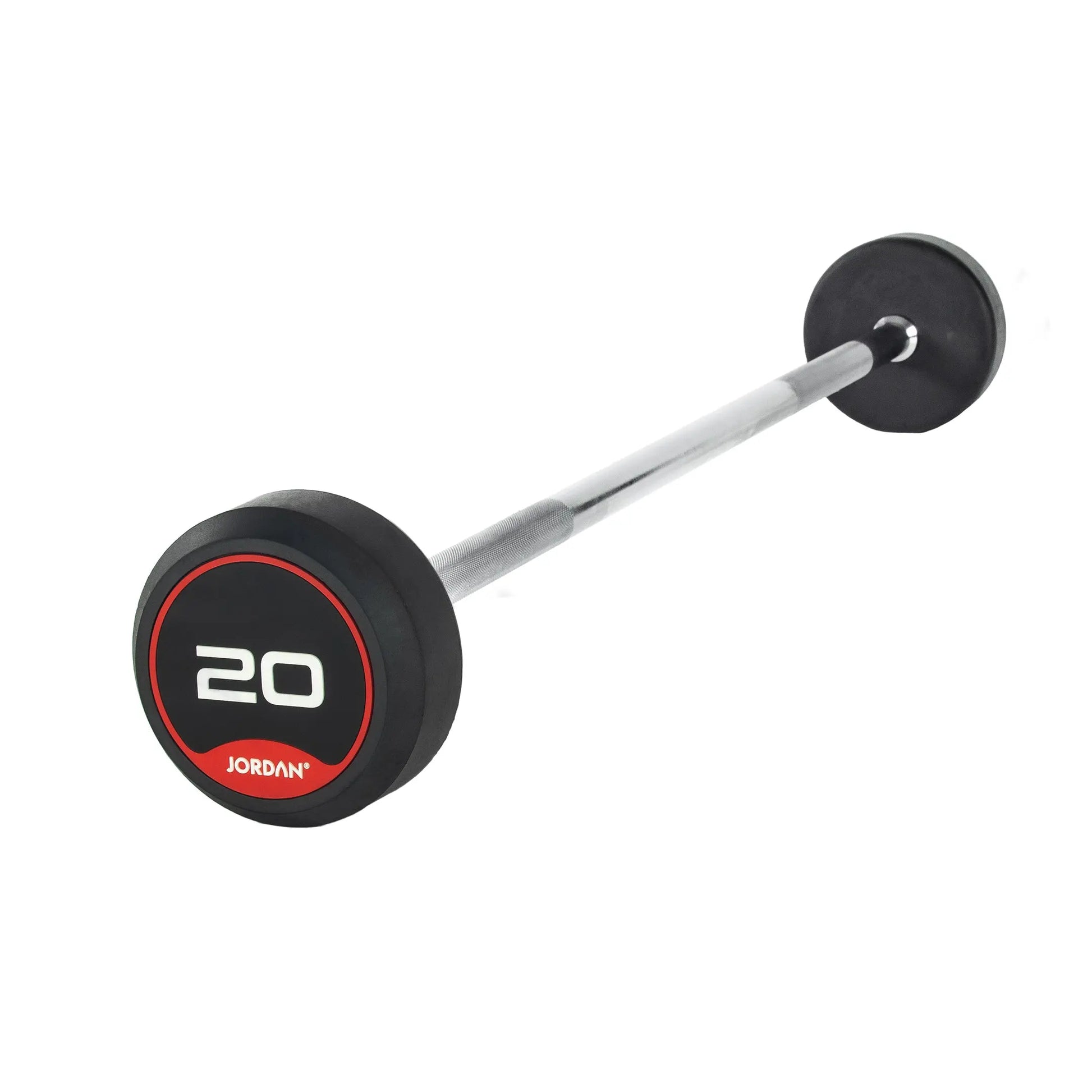 The Jordan Fixed Rubber Barbell has round rubber ends, labeled 10 with Jordan underneath in a black and red design. Ideal for barbell racks, it adds style and utility to any workout space.