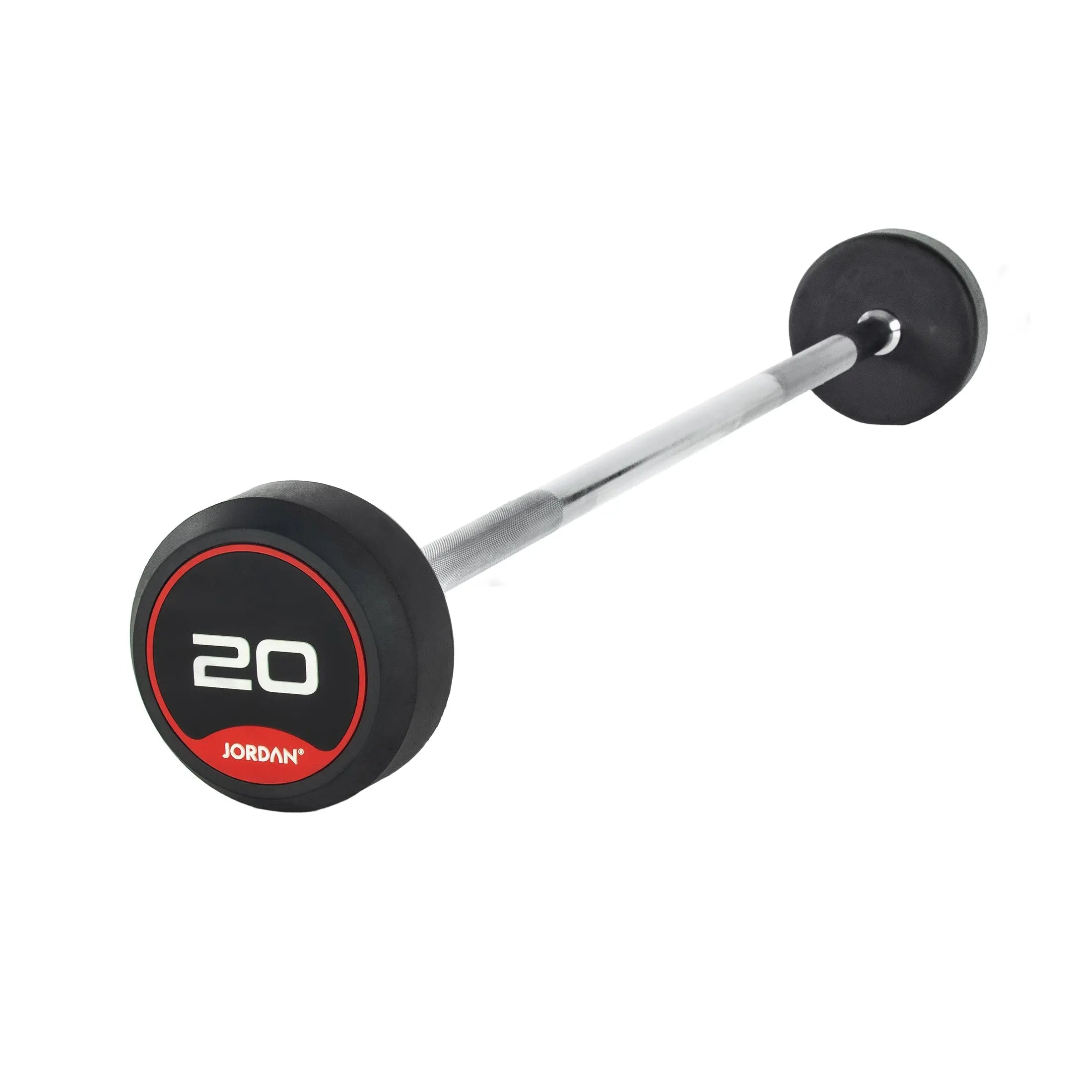The Jordan Fixed Rubber Barbell has round rubber ends, labeled 10 with Jordan underneath in a black and red design. Ideal for barbell racks, it adds style and utility to any workout space.