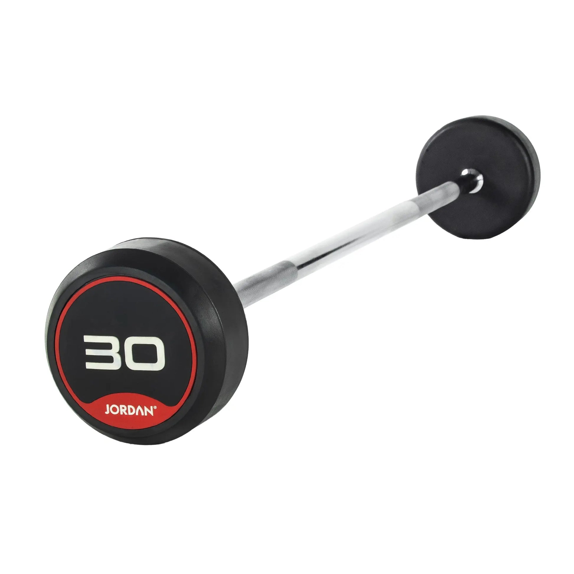 The Jordan Fixed Rubber Barbell has round rubber ends, labeled 10 with Jordan underneath in a black and red design. Ideal for barbell racks, it adds style and utility to any workout space.