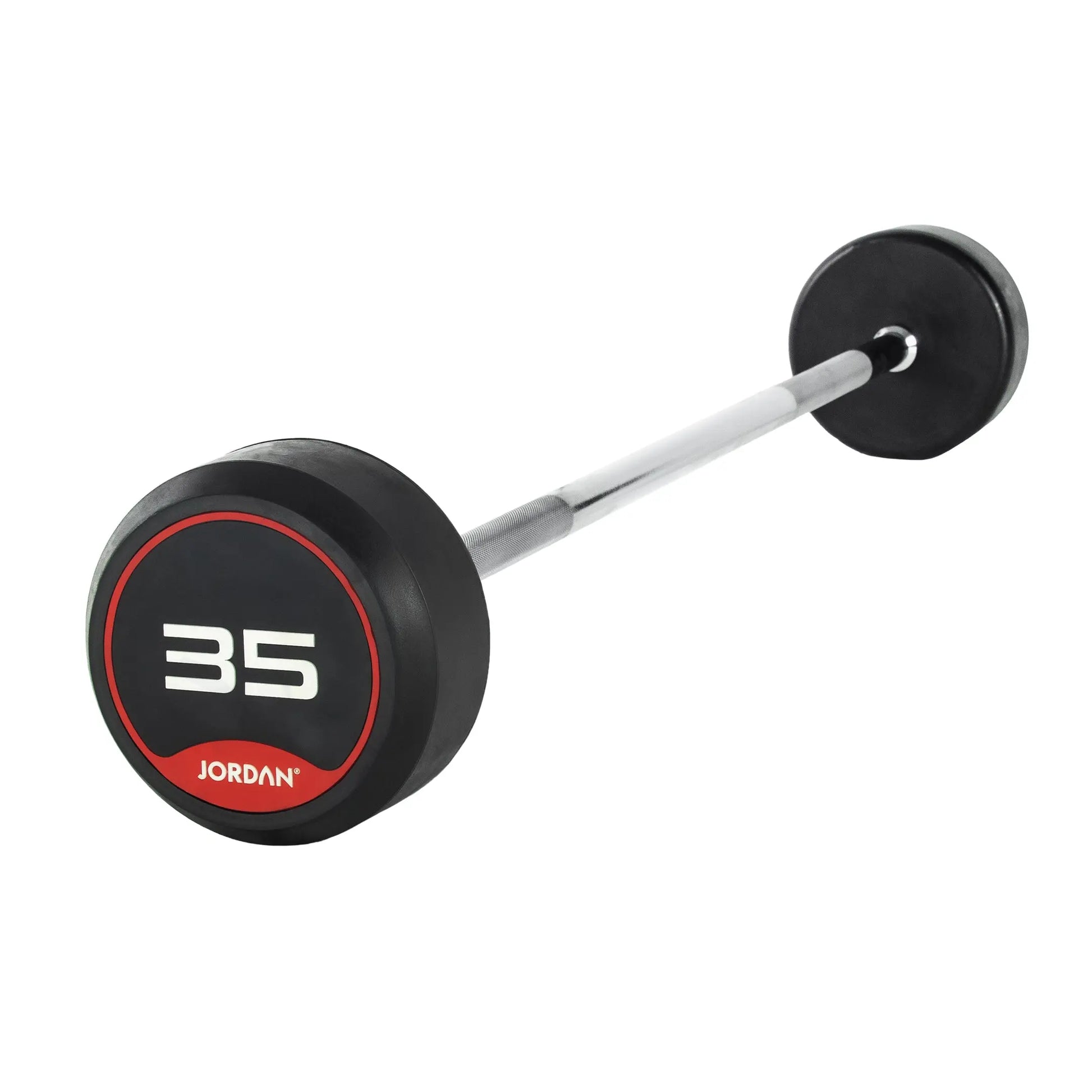 The Jordan Fixed Rubber Barbell has round rubber ends, labeled 10 with Jordan underneath in a black and red design. Ideal for barbell racks, it adds style and utility to any workout space.