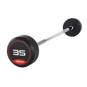 The Jordan Fixed Rubber Barbell has round rubber ends, labeled 10 with Jordan underneath in a black and red design. Ideal for barbell racks, it adds style and utility to any workout space.