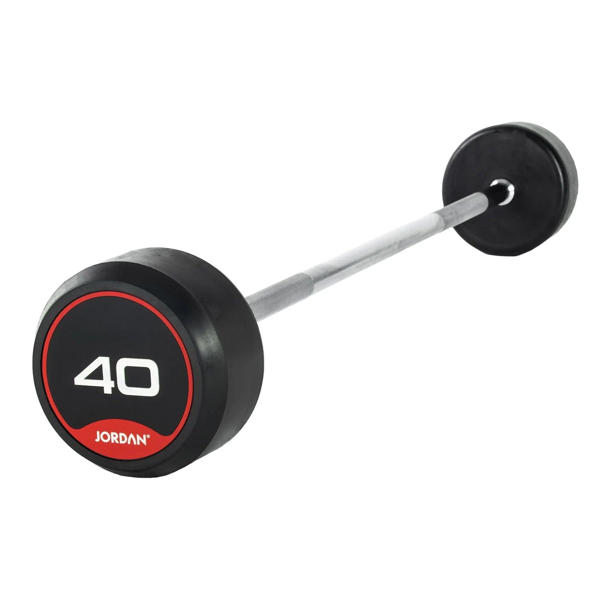 The Jordan Fixed Rubber Barbell has round rubber ends, labeled 10 with Jordan underneath in a black and red design. Ideal for barbell racks, it adds style and utility to any workout space.