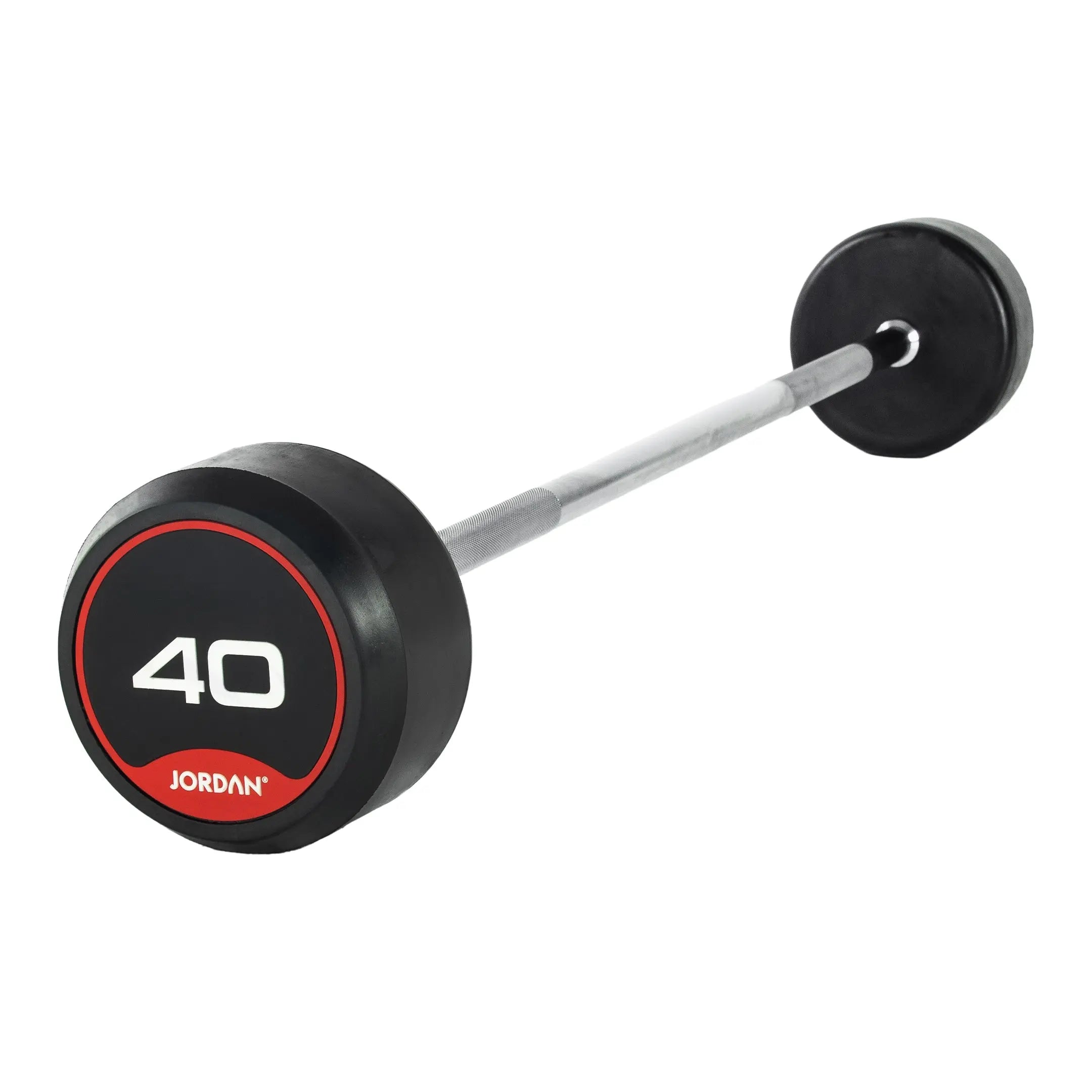 The Jordan Fixed Rubber Barbell has round rubber ends, labeled 10 with Jordan underneath in a black and red design. Ideal for barbell racks, it adds style and utility to any workout space.
