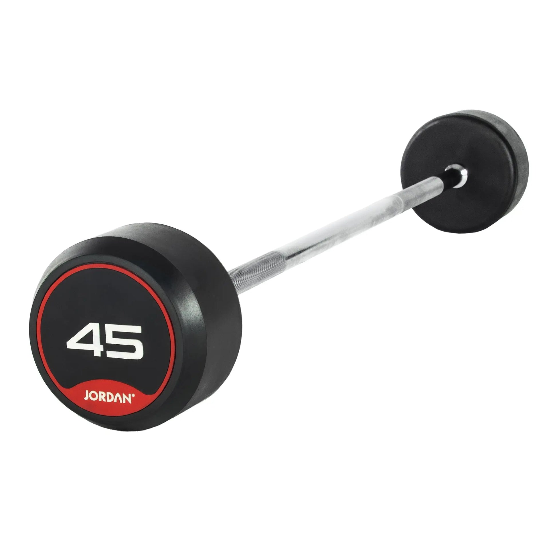 The Jordan Fixed Rubber Barbell has round rubber ends, labeled 10 with Jordan underneath in a black and red design. Ideal for barbell racks, it adds style and utility to any workout space.