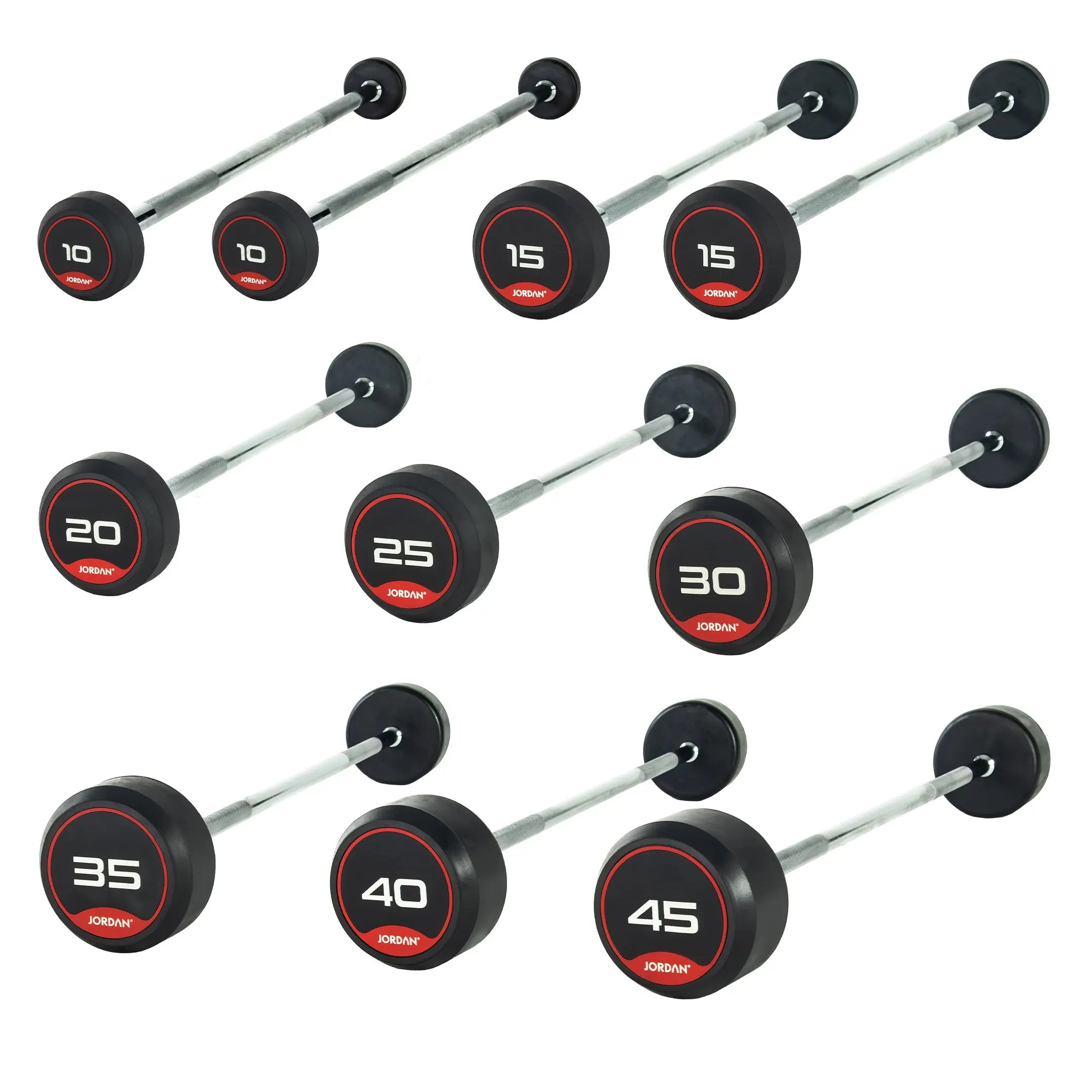 The Jordan Fixed Rubber Barbell has round rubber ends, labeled 10 with Jordan underneath in a black and red design. Ideal for barbell racks, it adds style and utility to any workout space.
