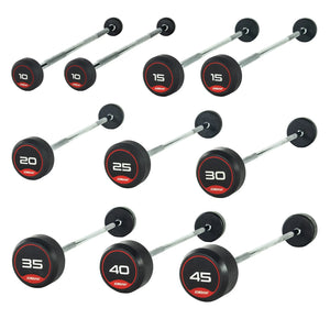 The Jordan Fixed Rubber Barbell has round rubber ends, labeled 10 with Jordan underneath in a black and red design. Ideal for barbell racks, it adds style and utility to any workout space.