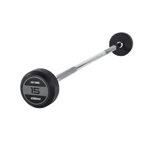 The JORDAN Fixed Barbell - Straight Bar by Jordan features grey/black rubber-coated round weights and a silver grip, weighs 10 kg, and is ideal for home gyms. Displayed on a white background.