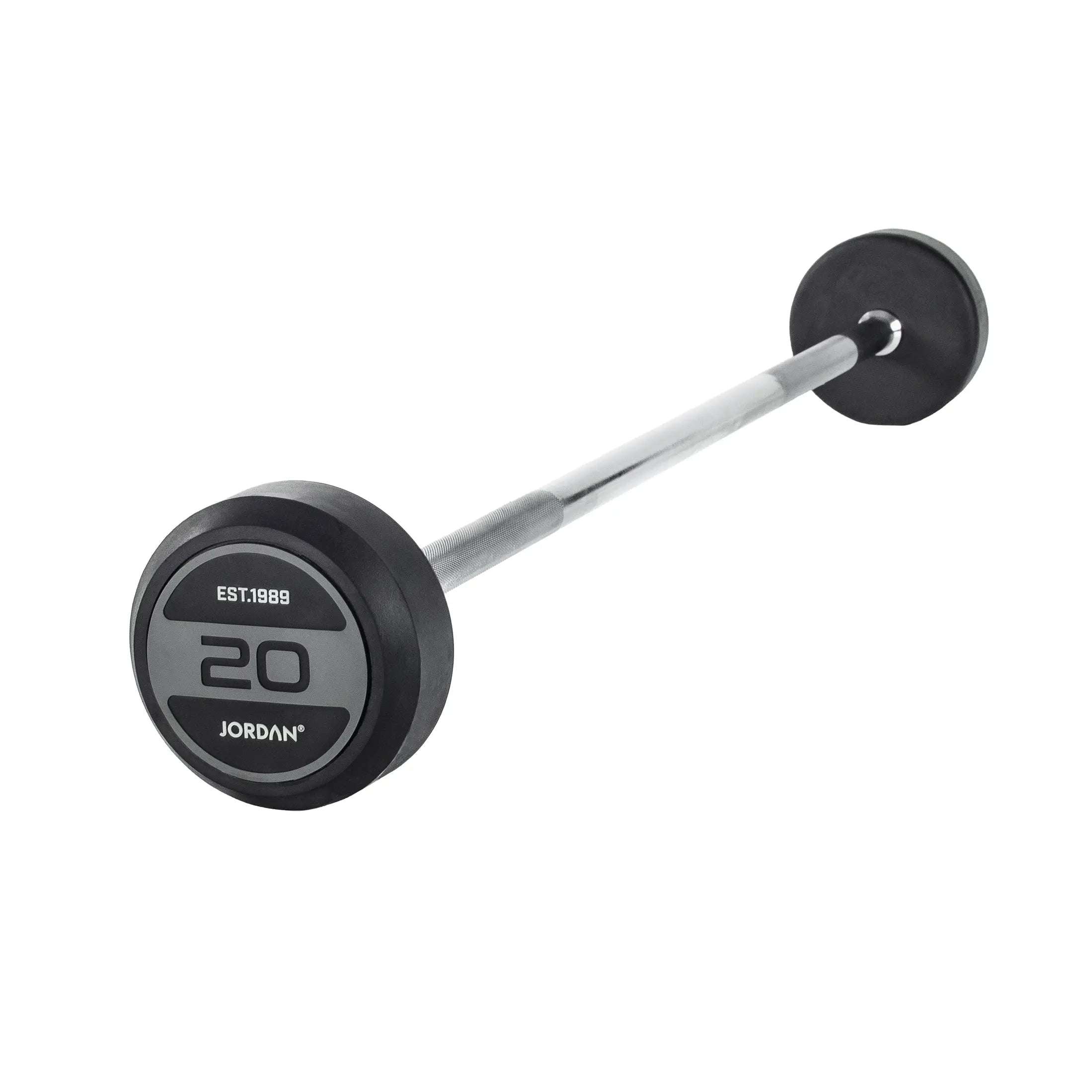 The JORDAN Fixed Barbell - Straight Bar by Jordan features grey/black rubber-coated round weights and a silver grip, weighs 10 kg, and is ideal for home gyms. Displayed on a white background.