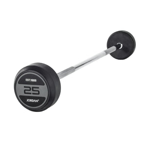 The JORDAN Fixed Barbell - Straight Bar by Jordan features grey/black rubber-coated round weights and a silver grip, weighs 10 kg, and is ideal for home gyms. Displayed on a white background.
