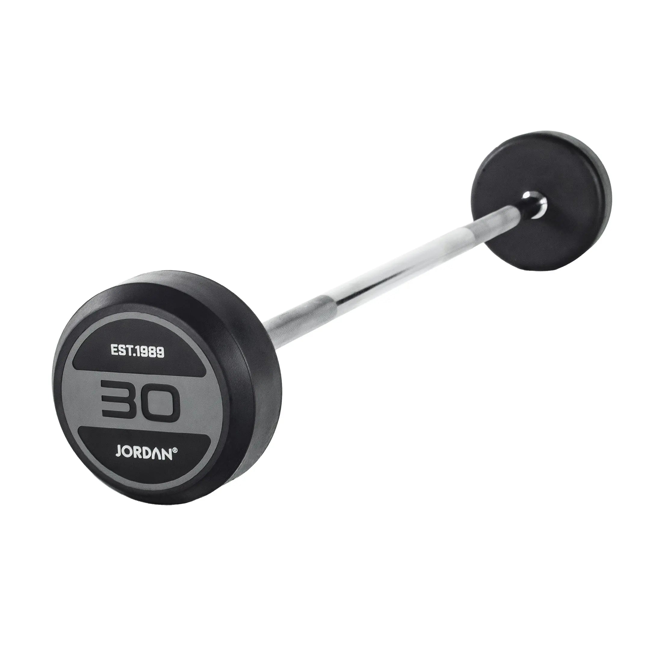 The JORDAN Fixed Barbell - Straight Bar by Jordan features grey/black rubber-coated round weights and a silver grip, weighs 10 kg, and is ideal for home gyms. Displayed on a white background.
