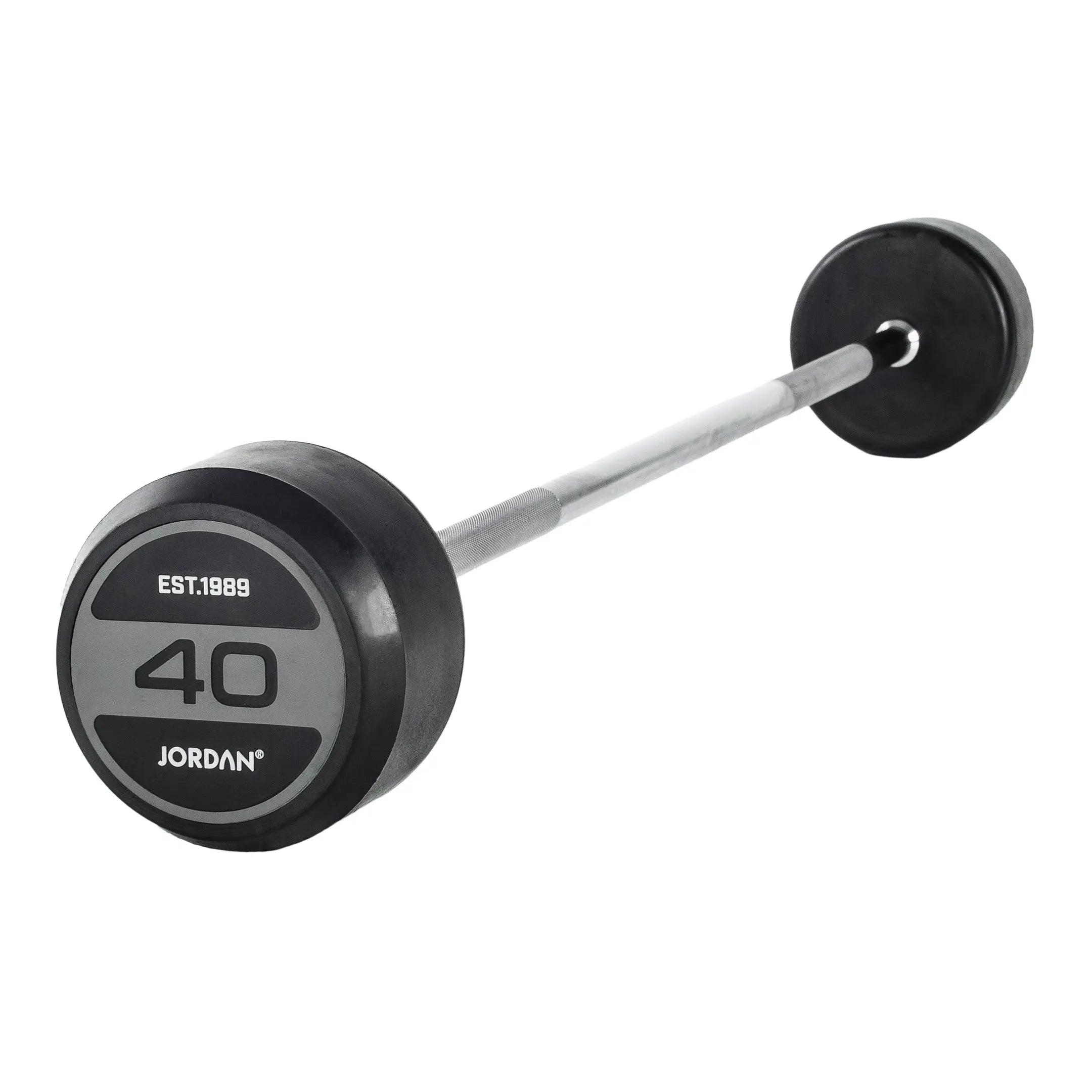The JORDAN Fixed Barbell - Straight Bar by Jordan features grey/black rubber-coated round weights and a silver grip, weighs 10 kg, and is ideal for home gyms. Displayed on a white background.