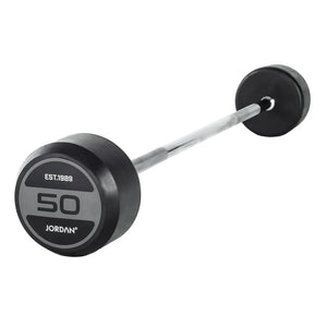 The JORDAN Fixed Barbell - Straight Bar by Jordan features grey/black rubber-coated round weights and a silver grip, weighs 10 kg, and is ideal for home gyms. Displayed on a white background.