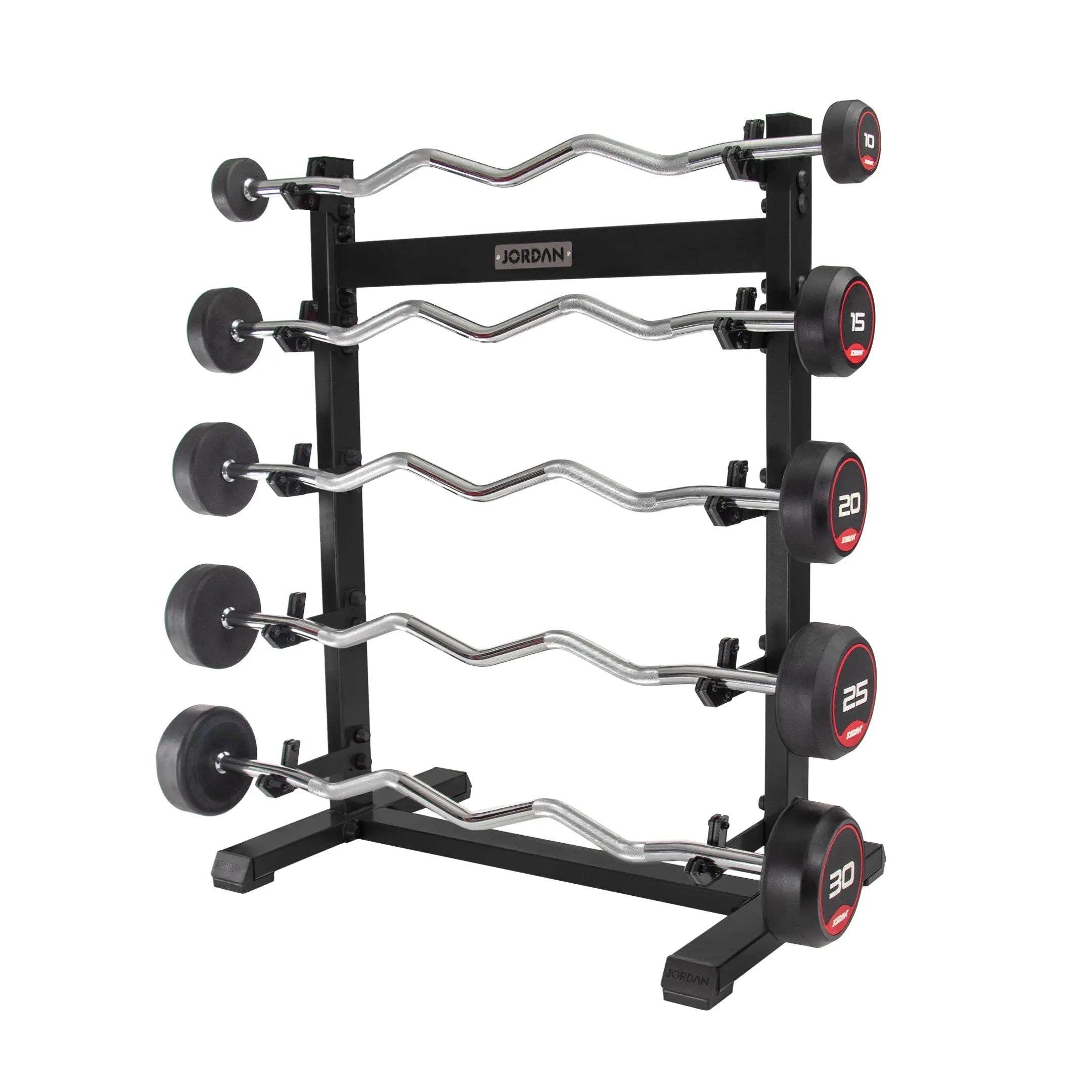The JORDAN Barbells Curl Bar, a silver design with wavy ergonomic grip for secure handling, features black and red circular ends and displays 10 on one end. Part of the Jordan Fixed Rubber Curl Barbells line, this barbell is perfect for enhancing upper-body strength against a white background.