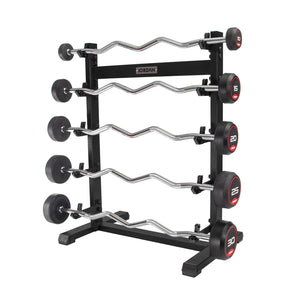 The JORDAN Barbells Curl Bar, a silver design with wavy ergonomic grip for secure handling, features black and red circular ends and displays 10 on one end. Part of the Jordan Fixed Rubber Curl Barbells line, this barbell is perfect for enhancing upper-body strength against a white background.