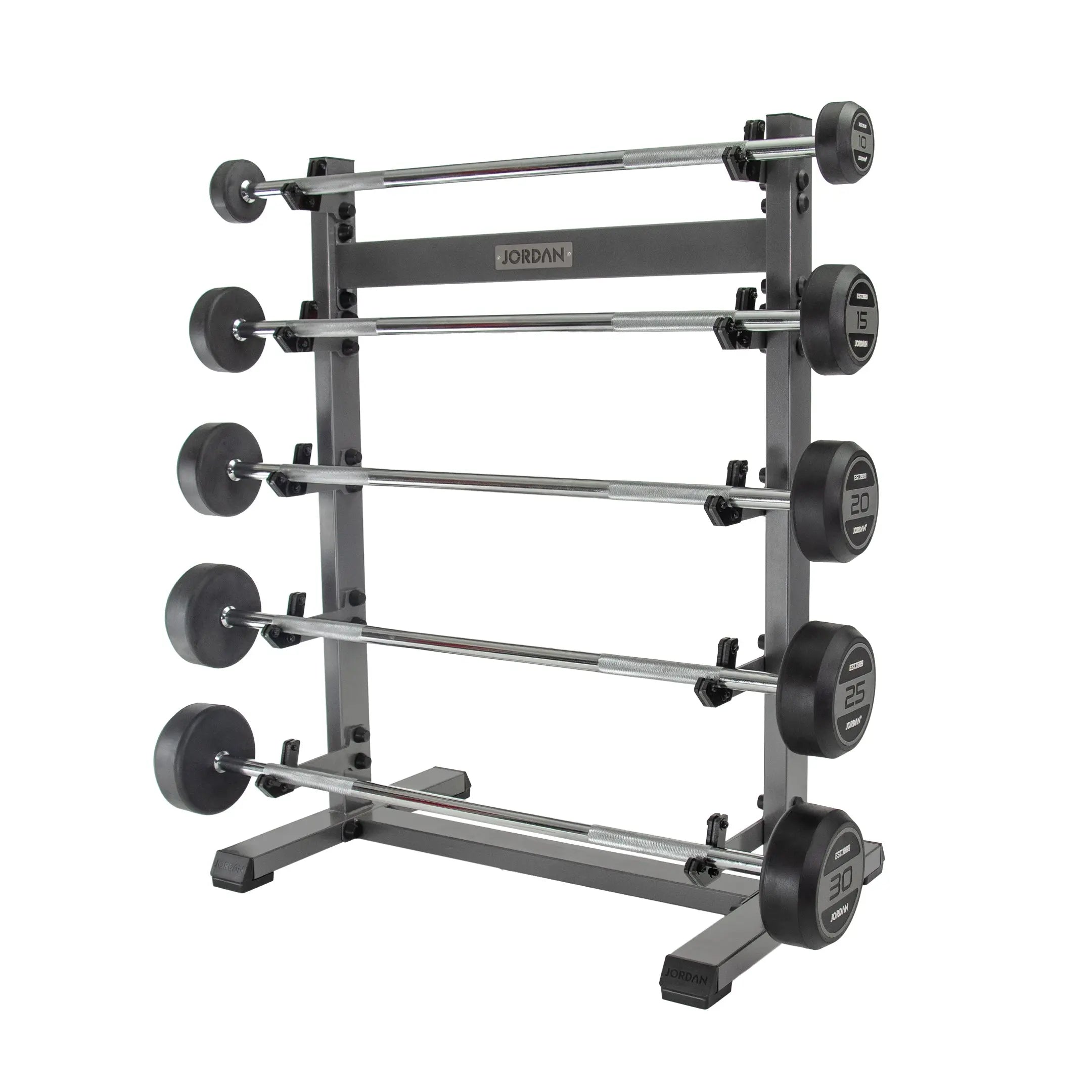 The JORDAN Fixed Barbell - Straight Bar by Jordan features grey/black rubber-coated round weights and a silver grip, weighs 10 kg, and is ideal for home gyms. Displayed on a white background.