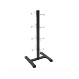 A black, vertical metal rack with multiple hooks arranged in pairs along the central pole, supported by a T-shaped base, set against a plain white background.