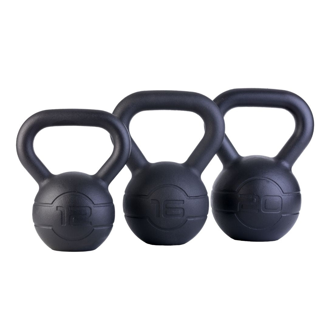 The JORDAN Cast Iron Kettlebell by Jordan features a smooth black finish, wide handle, and “12/16/20” embossed on the fronts for their 12/16/20 kilo weight, their durable design makes them ideal for full-body workouts.