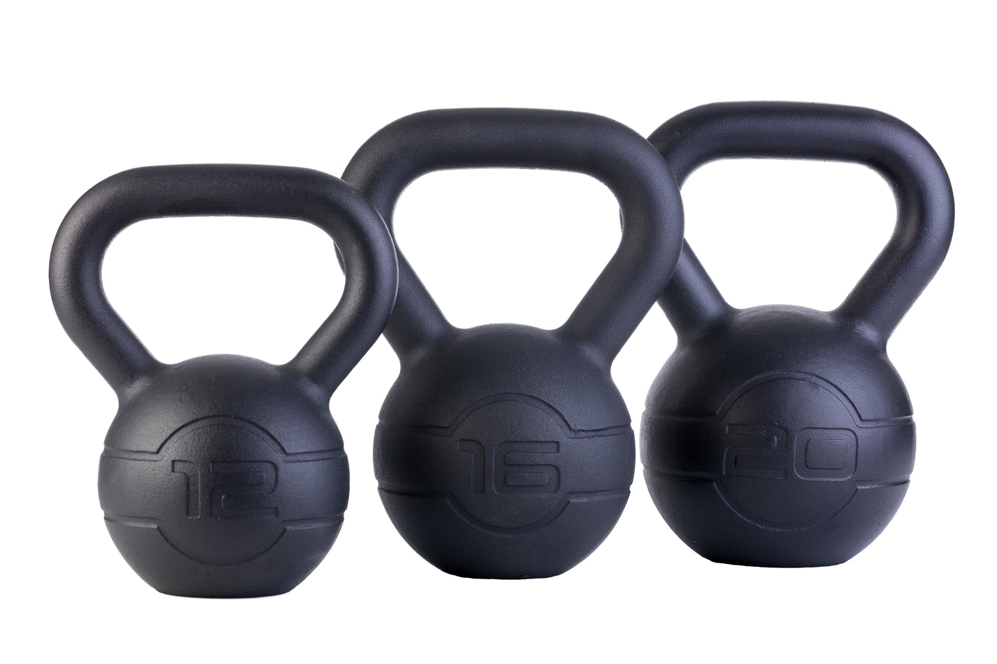The JORDAN Cast Iron Kettlebell by Jordan features a smooth black finish, wide handle, and “12/16/20” embossed on the fronts for their 12/16/20 kilo weight, their durable design makes them ideal for full-body workouts.