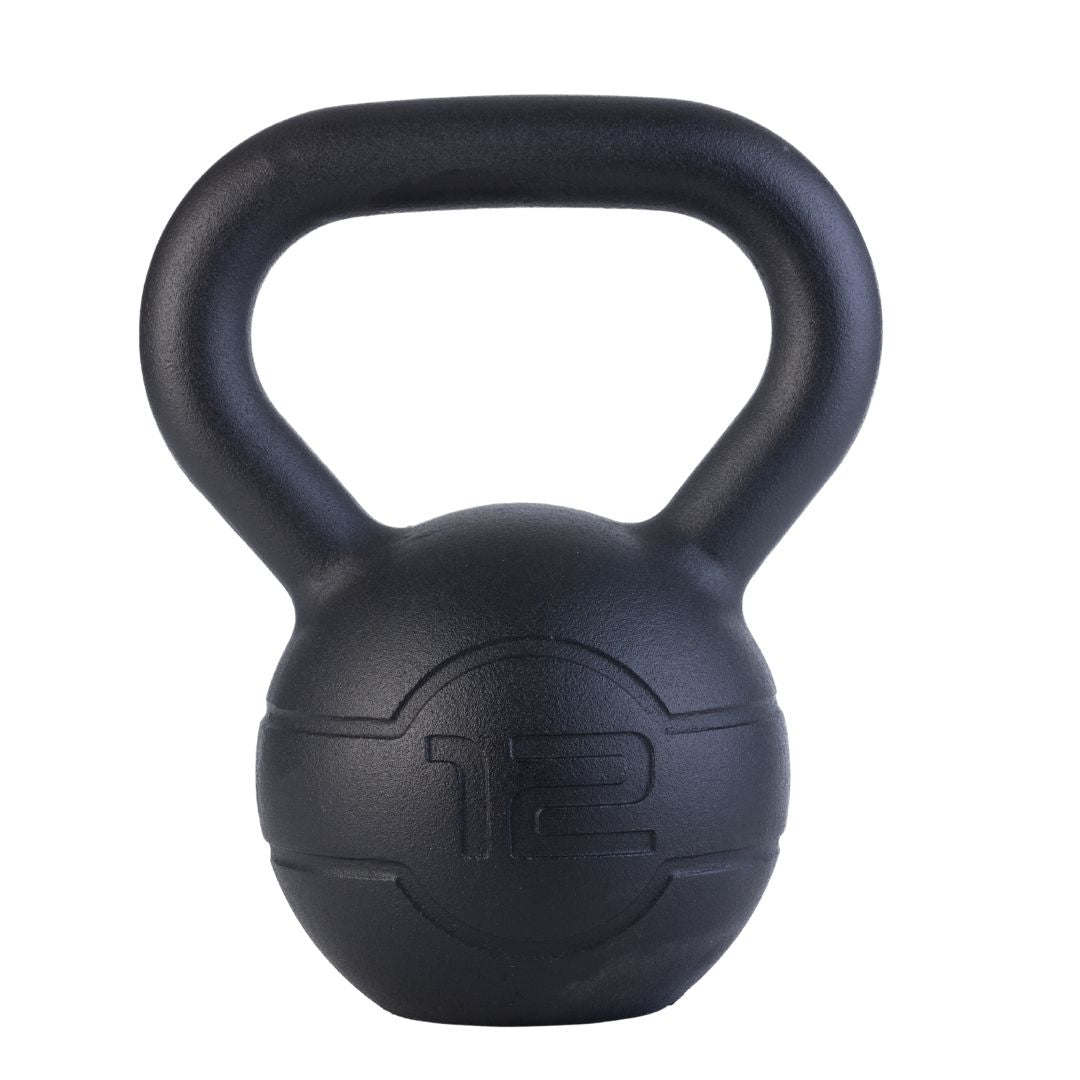 The JORDAN Cast Iron Kettlebell features a smooth black finish, wide handle, and “12” embossed on the front for its 12 kilo weight. Its durable design makes it ideal for full-body workouts.