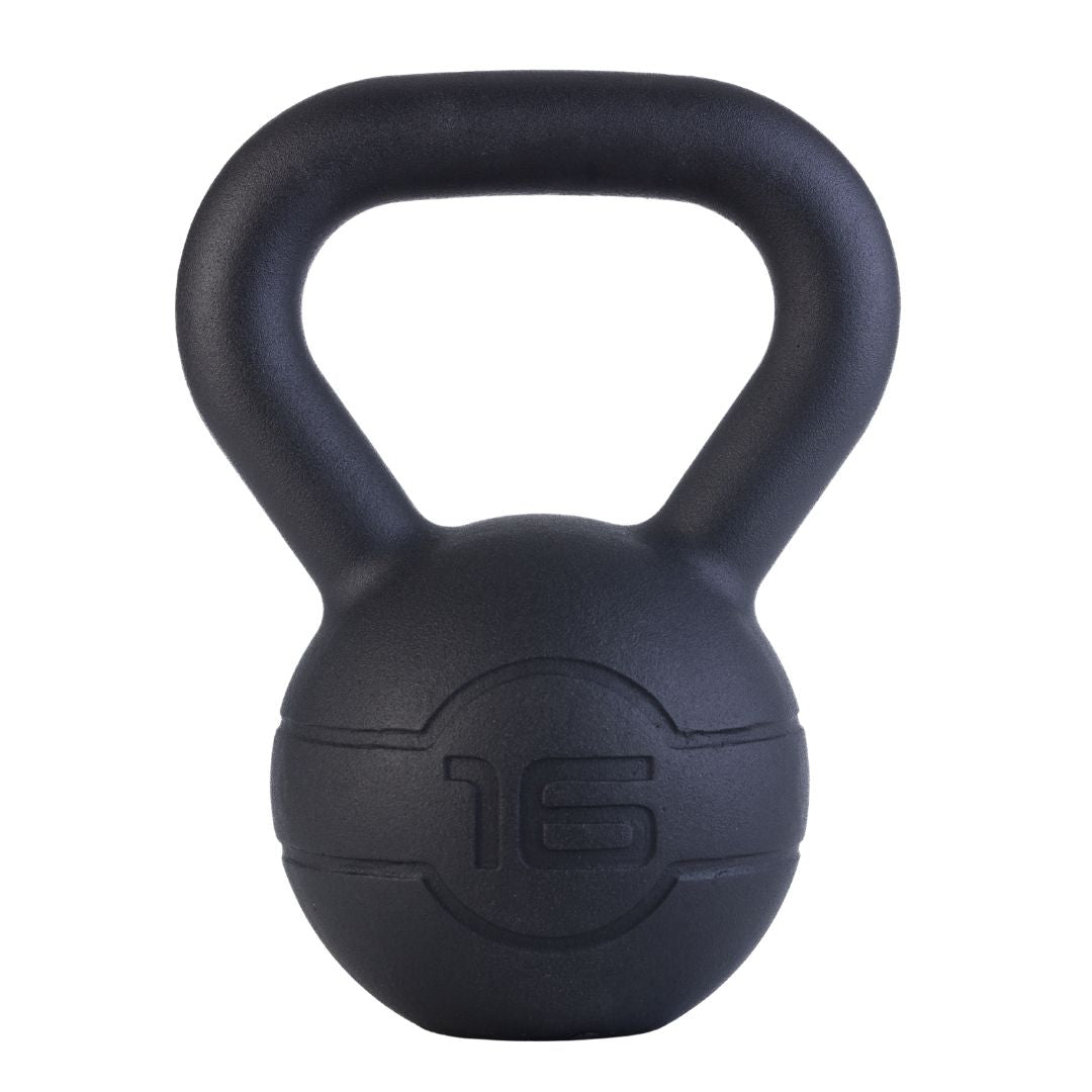 The JORDAN Cast Iron Kettlebell features a smooth black finish, wide handle, and “16” embossed on the front for its 16 kilo weight. Its durable design makes it ideal for full-body workouts.