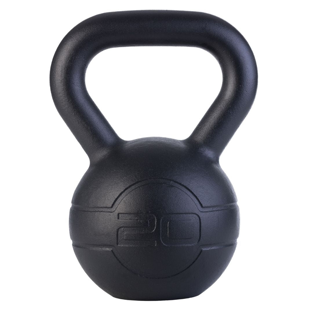 The JORDAN Cast Iron Kettlebell features a smooth black finish, wide handle, and “20” embossed on the front for its 20 kilo weight. Its durable design makes it ideal for full-body workouts.